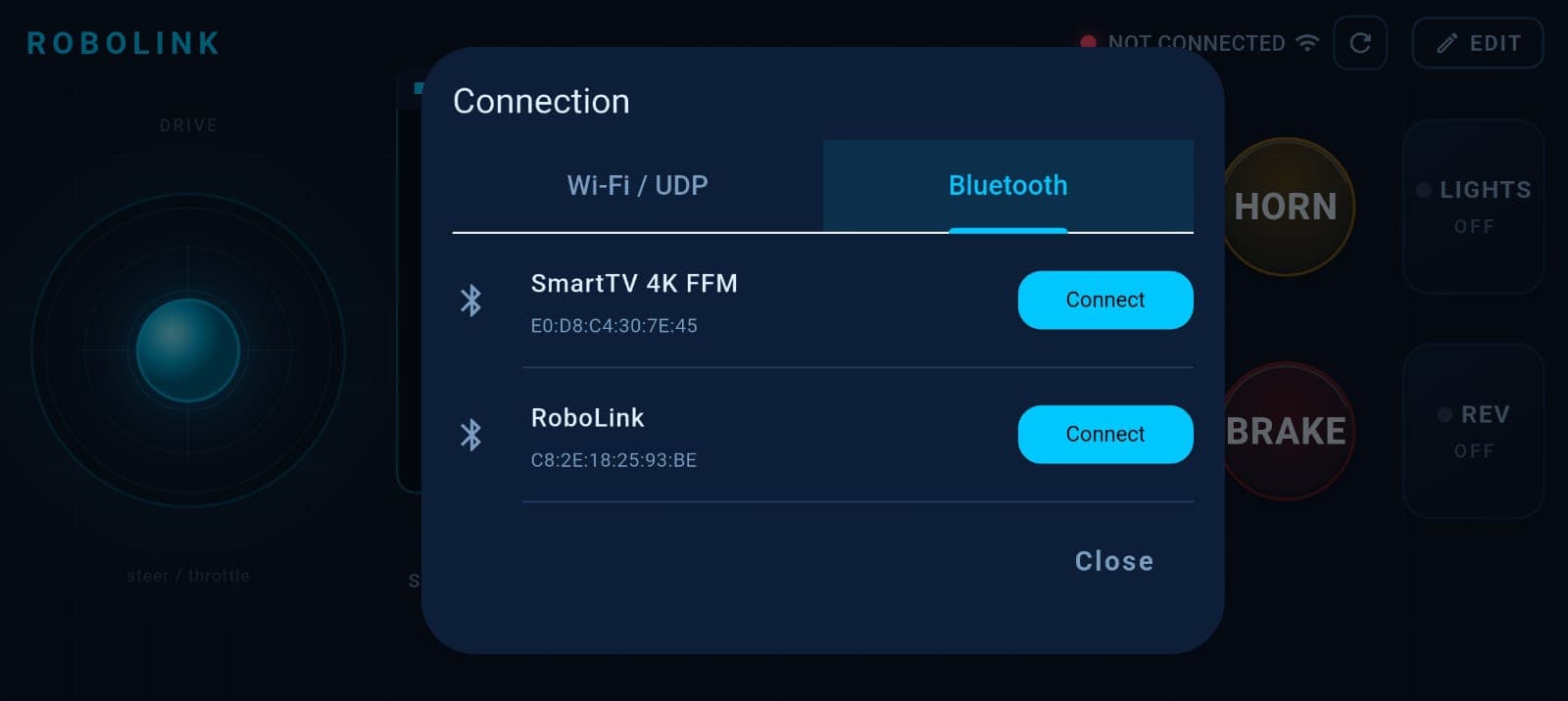 Bluetooth device list showing nearby devices and connect buttons
