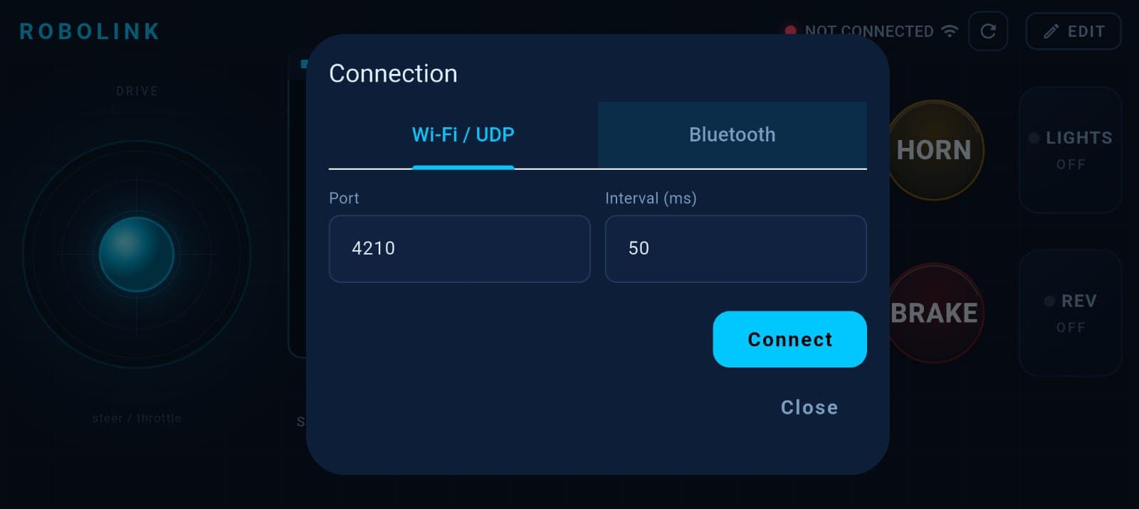 Wi-Fi UDP connection settings with port and interval configuration