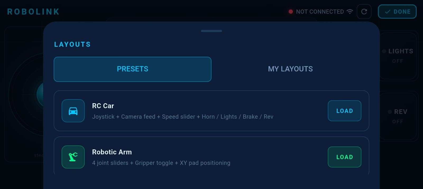 Layout presets panel showing RC Car and Robotic Arm options