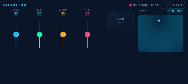 RoboLink robotic arm controller with joint sliders and XY pad