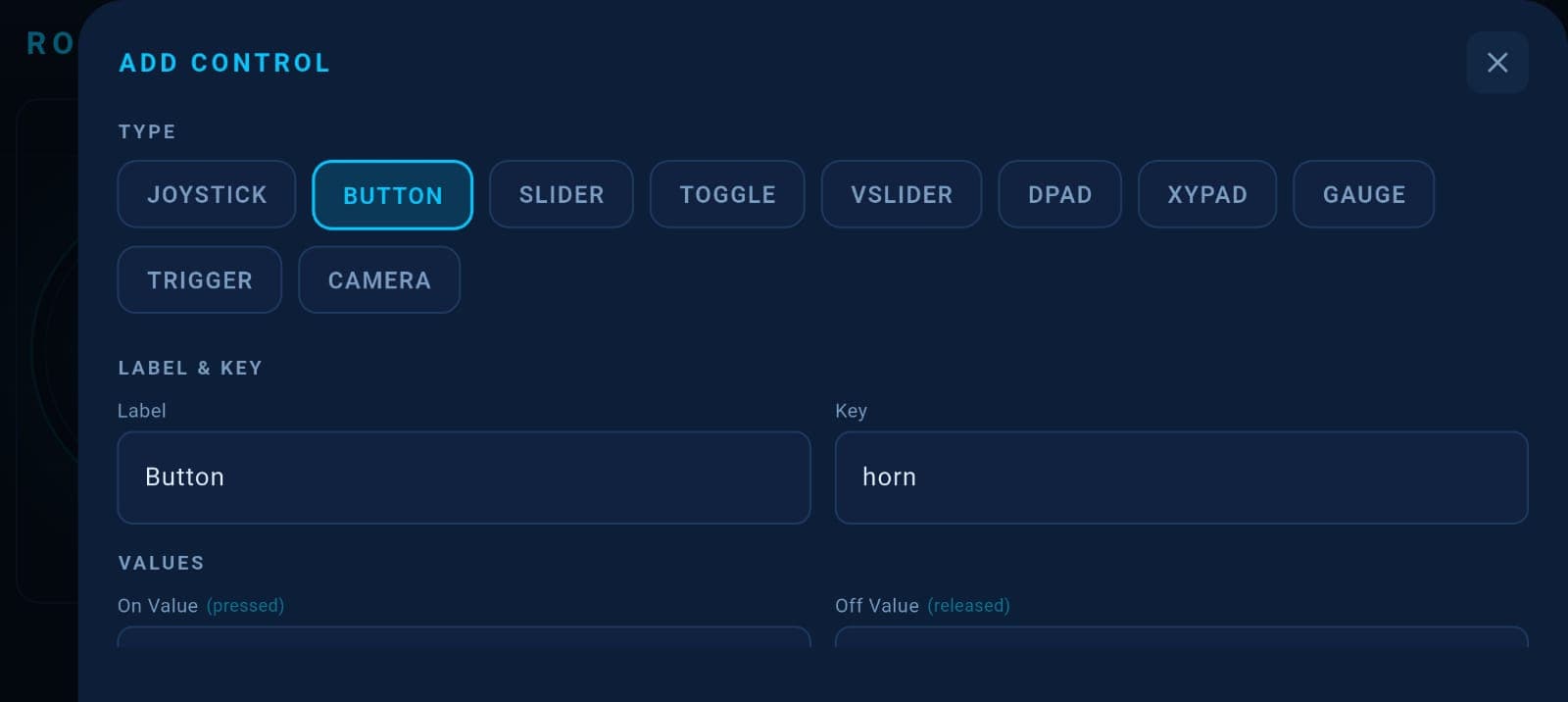 Add Control panel showing widget type selection and configuration options