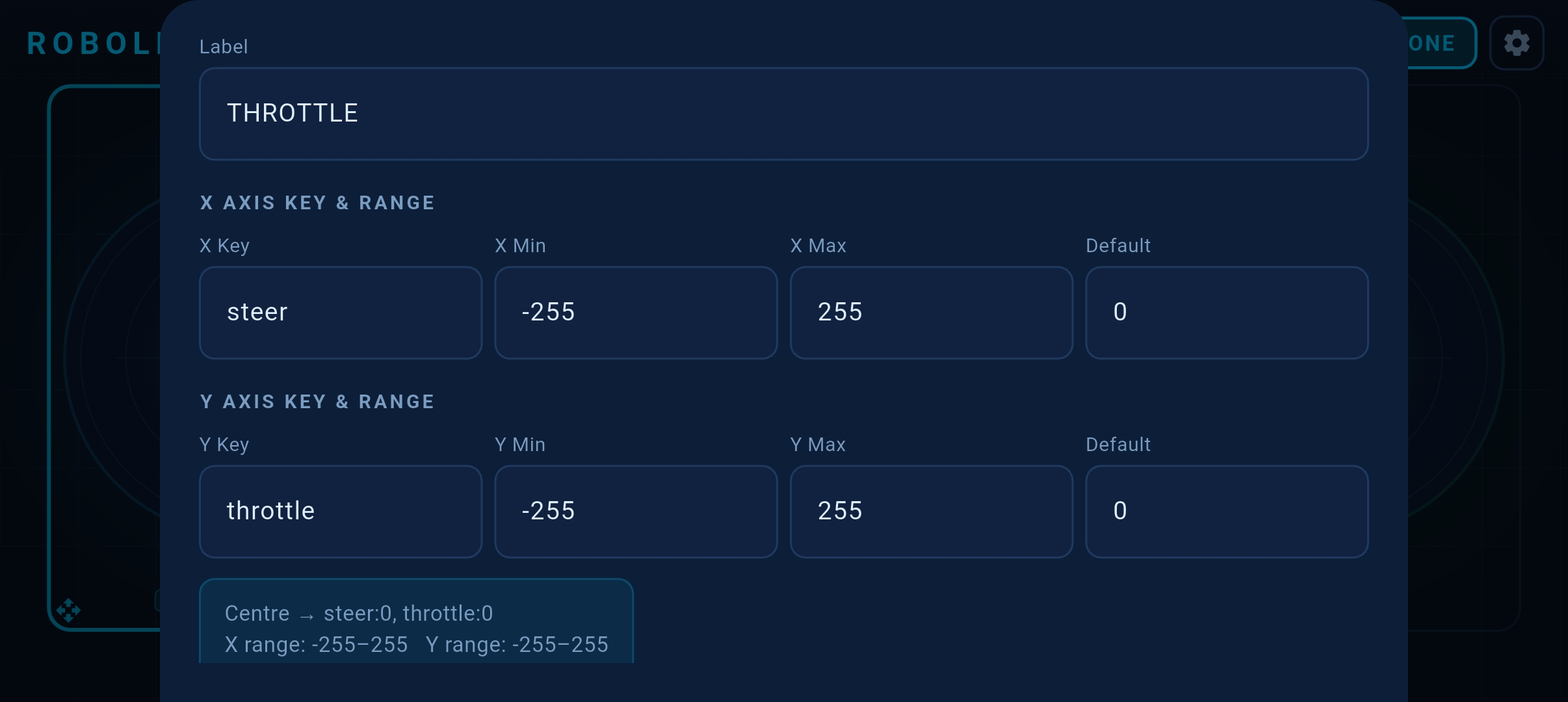 Editing a joystick widget's key names in the RoboLink app