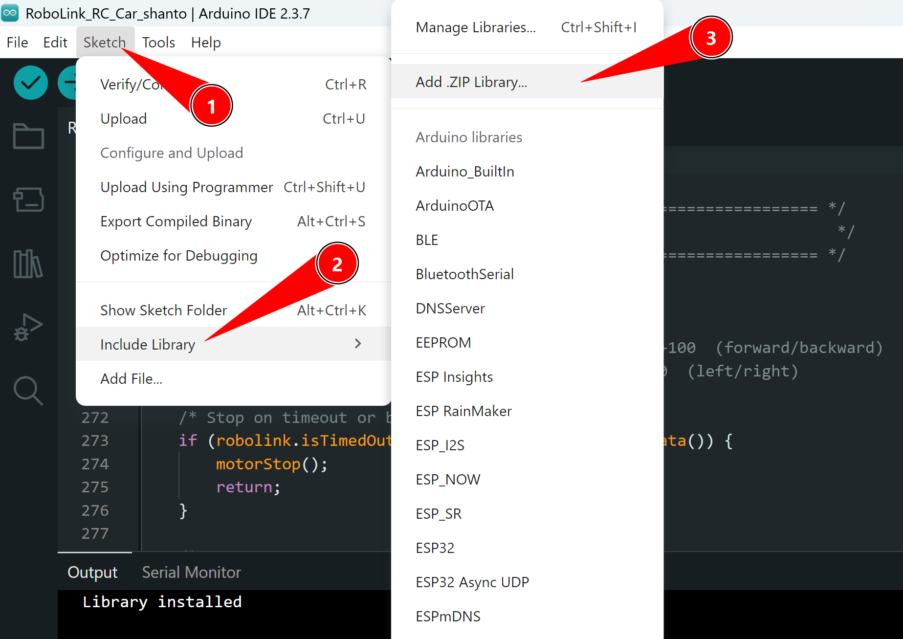 Navigating to Sketch > Include Library > Add .ZIP Library in Arduino IDE