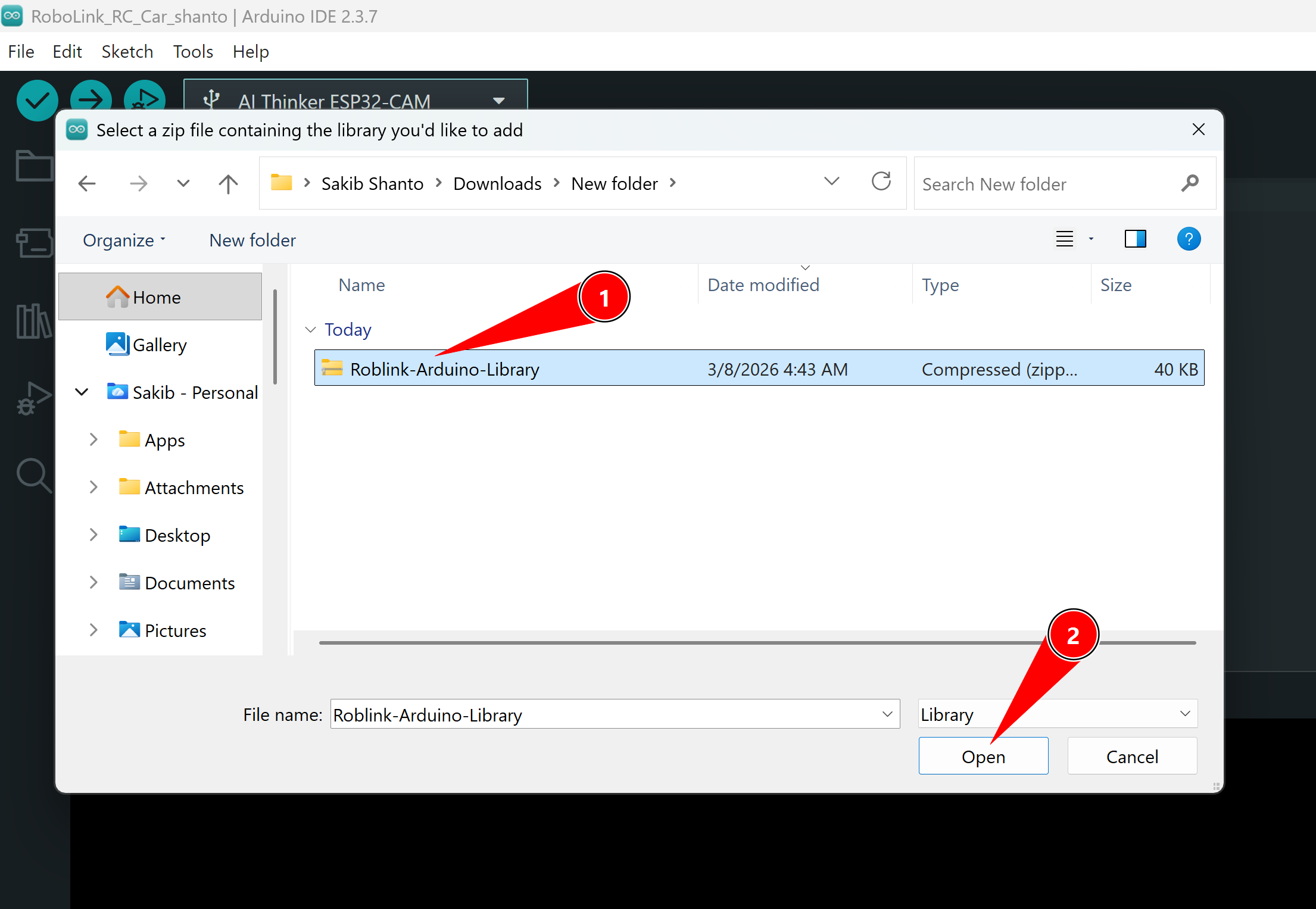 Selecting the RoboLink ZIP file and pressing OK